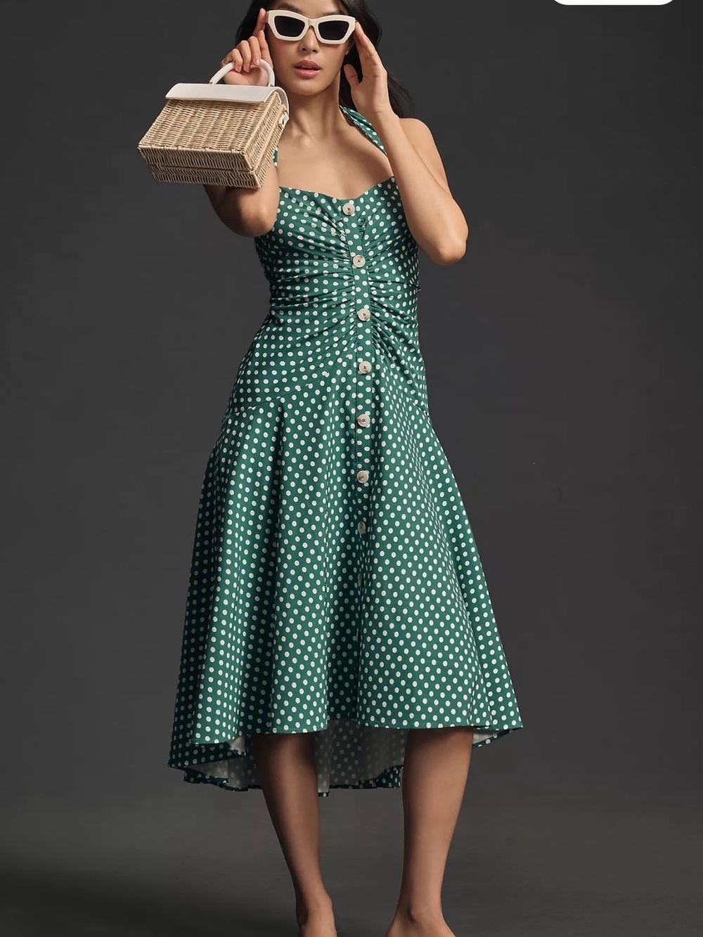 Anthropologie Green Polka Dot Halter High-Low Dress